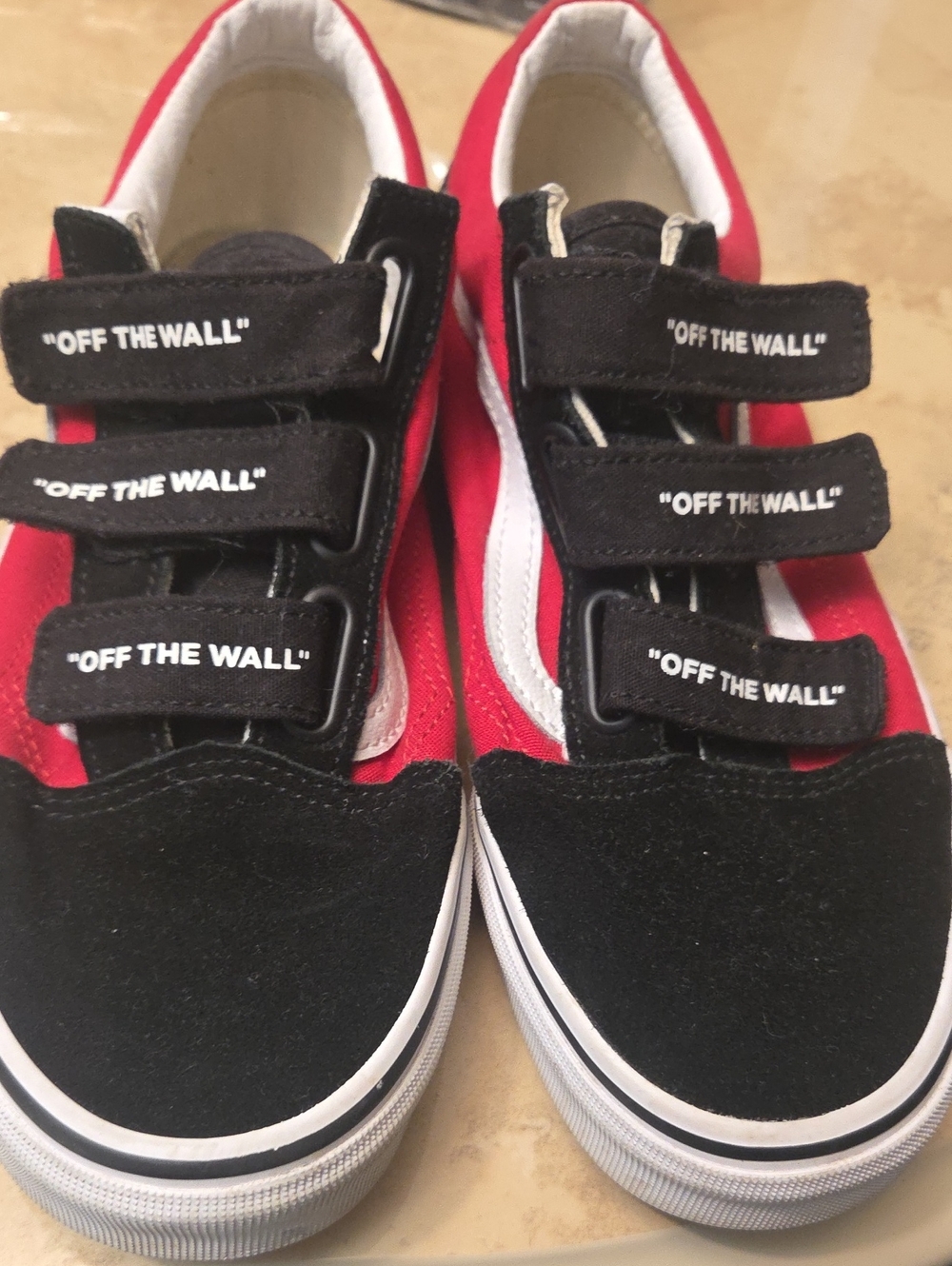 Vans Red and Black Velcro Old Skool Sneakers with White Stripe